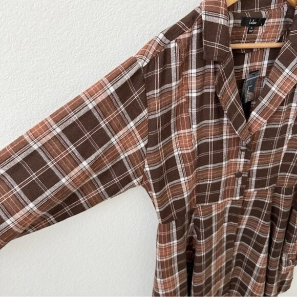 Lulus Autumnal Attitude Brown Plaid Skater Mini Dress Size XL - Picture 5 of 11